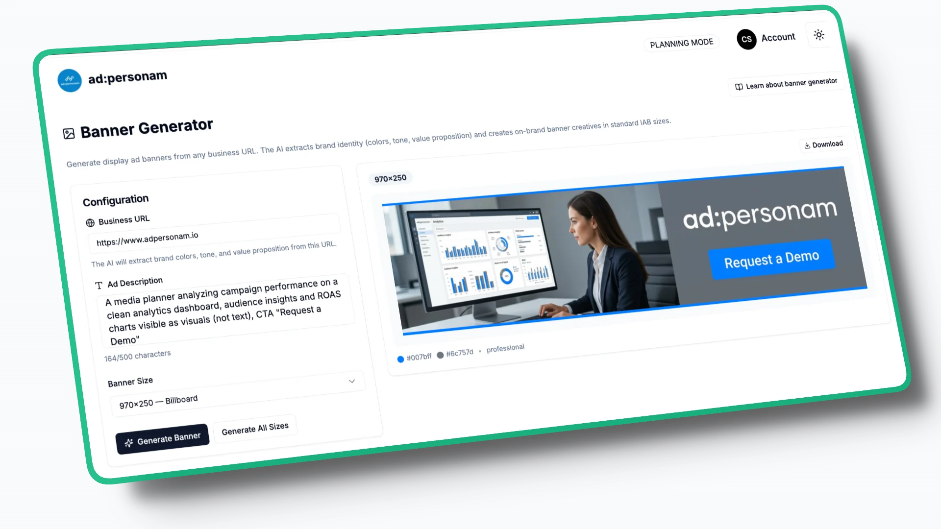 AI banner maker extracting brand colors and generating creatives