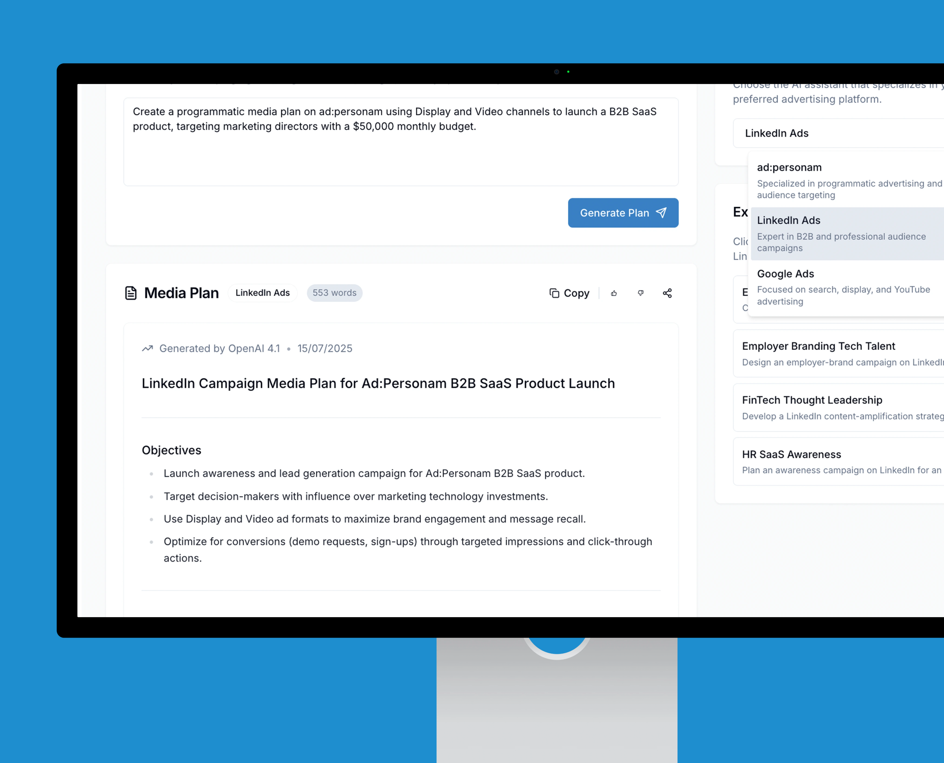Screenshot dell' AI Assistant Planner